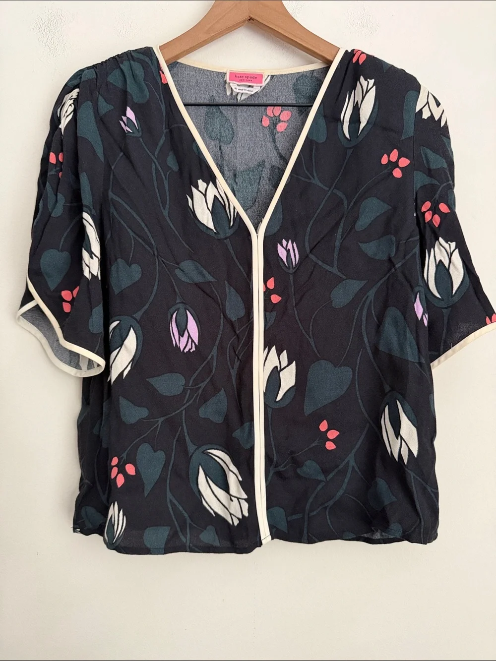 Kate Spade Deco Bloom Crepe Blouse Black Floral Lotus XS